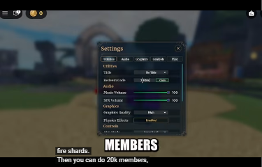 Community video frame showing the Wizard Alchemy settings and redeem-code field